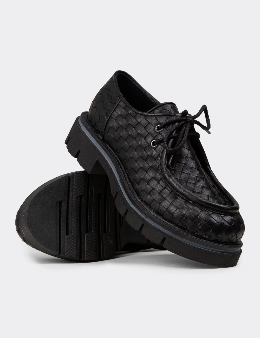 Women's Black Leather Lace-Up Shoes - F2204MSYHC01