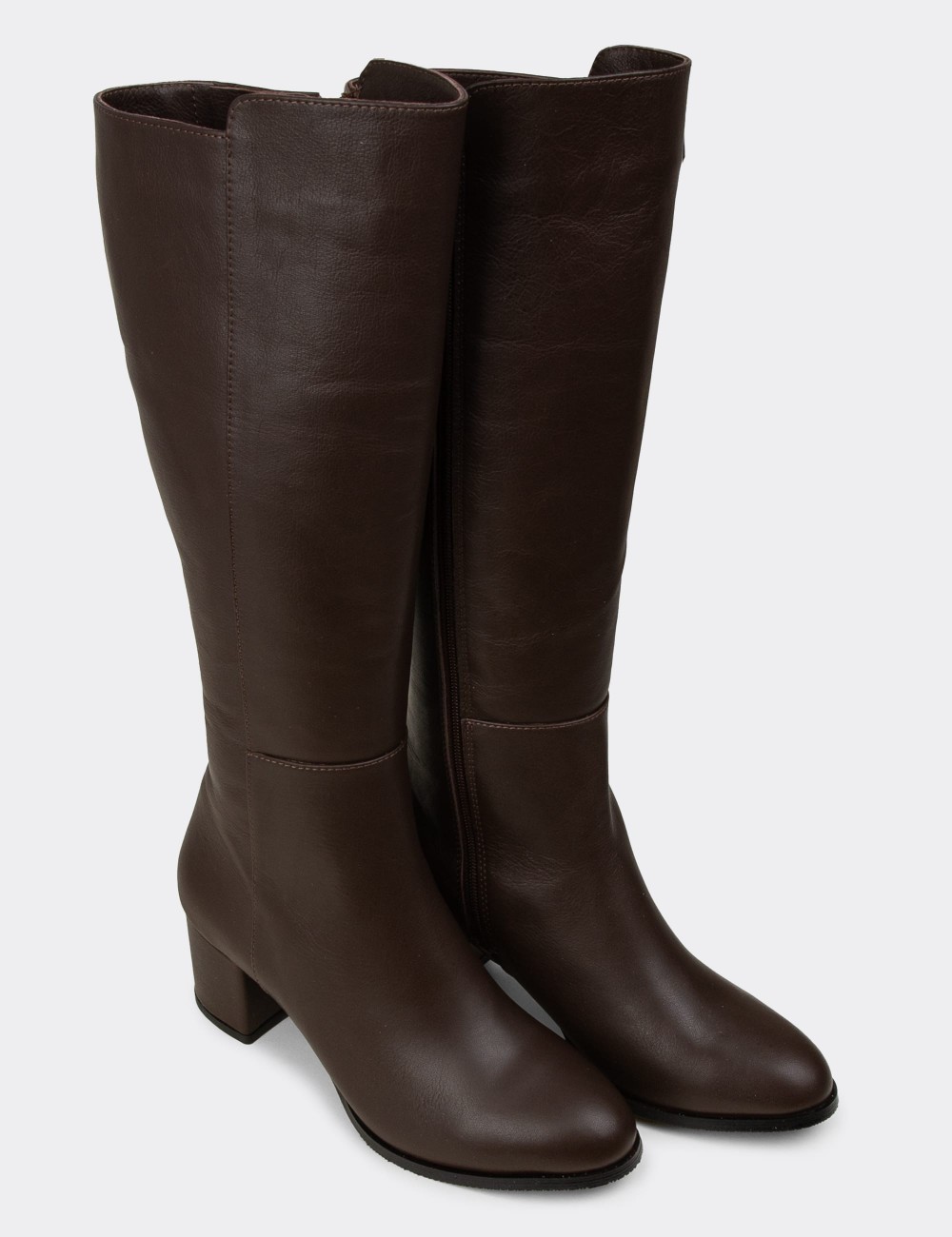 Women's Brown Leather Knee-High Boots - A2131ZKHVC01