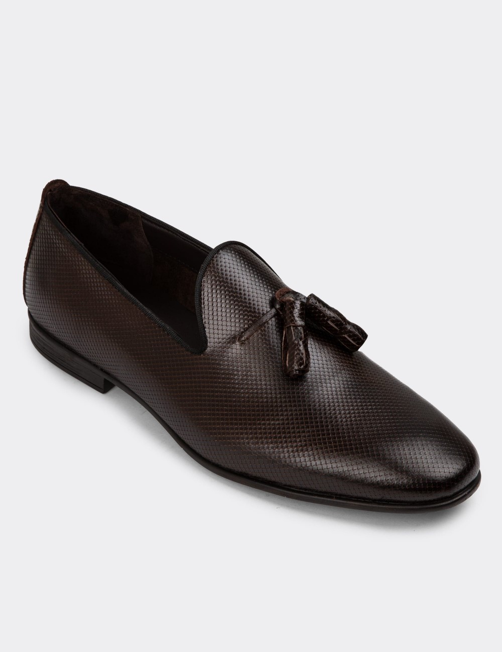 Men's Brown Leather Loafers with Tassels - 01702MKHVC23