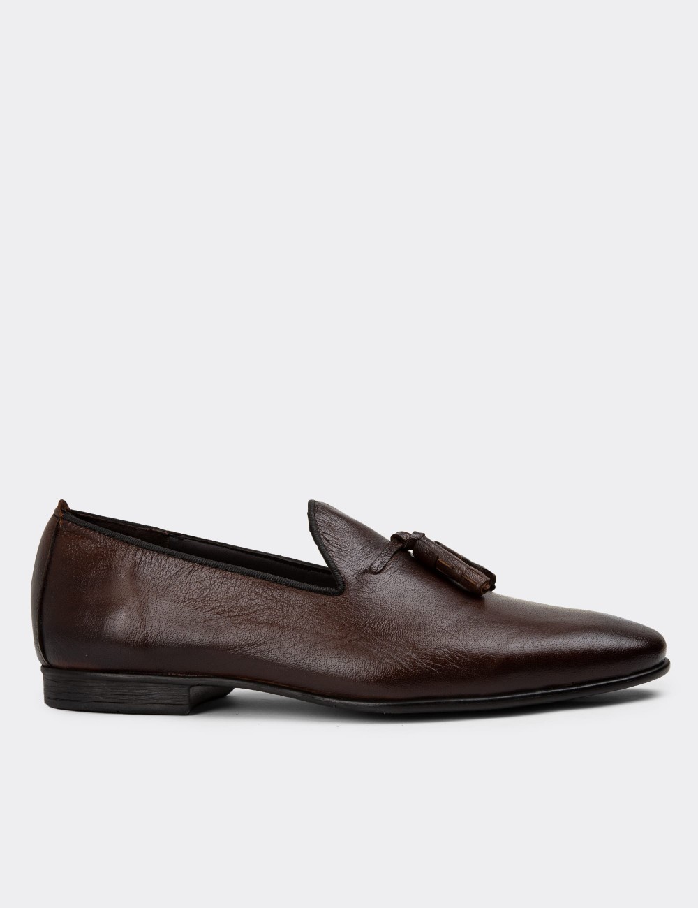 Men's Brown Leather Loafers with Tassels - 01702MKHVC22