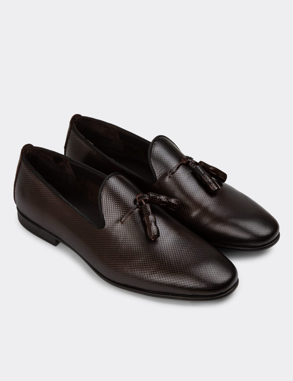 Men's Brown Leather Loafers with Tassels - 01702MKHVC23