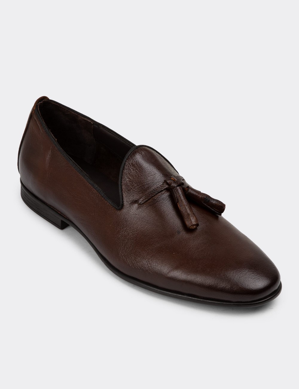Men's Brown Leather Loafers with Tassels - 01702MKHVC22