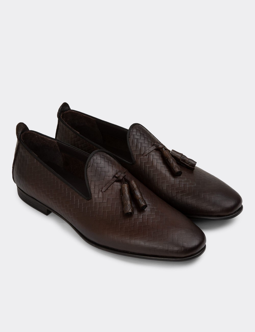 Men's Brown Leather Loafers with Tassels - 01702MKHVC26