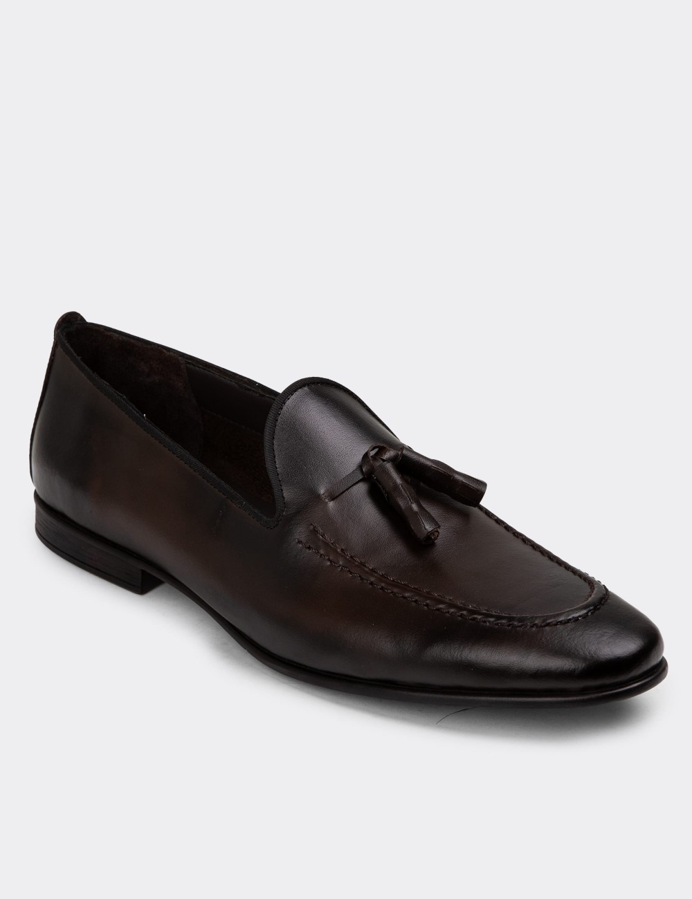 Men's Brown Leather Loafers with Tassels - 01701MKHVC90