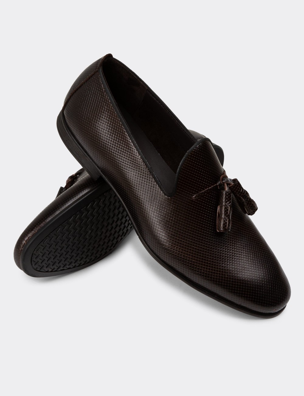 Men's Brown Leather Loafers with Tassels - 01702MKHVC23