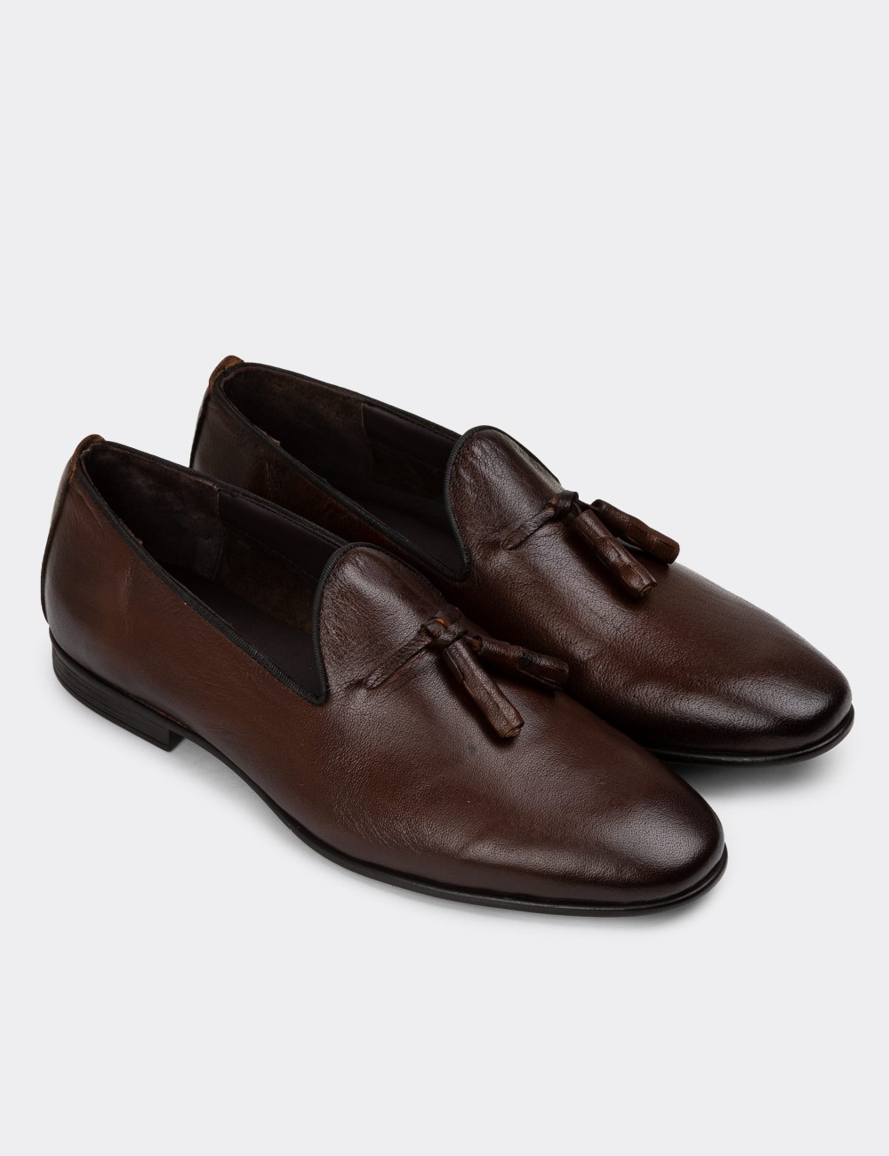 Men's Brown Leather Loafers with Tassels - 01702MKHVC22