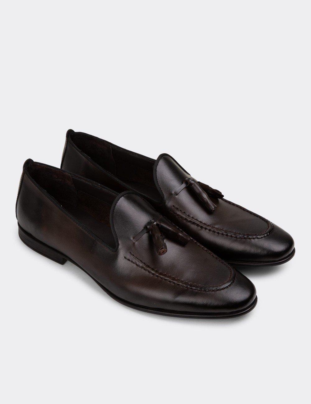 Men's Brown Leather Loafers with Tassels - 01701MKHVC90