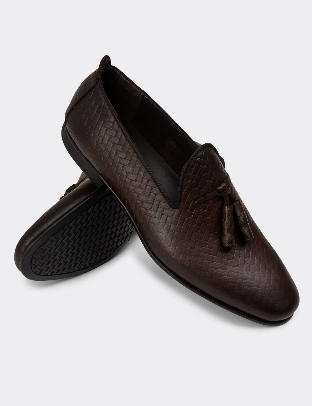 Men's Brown Leather Loafers with Tassels - 01702MKHVC26