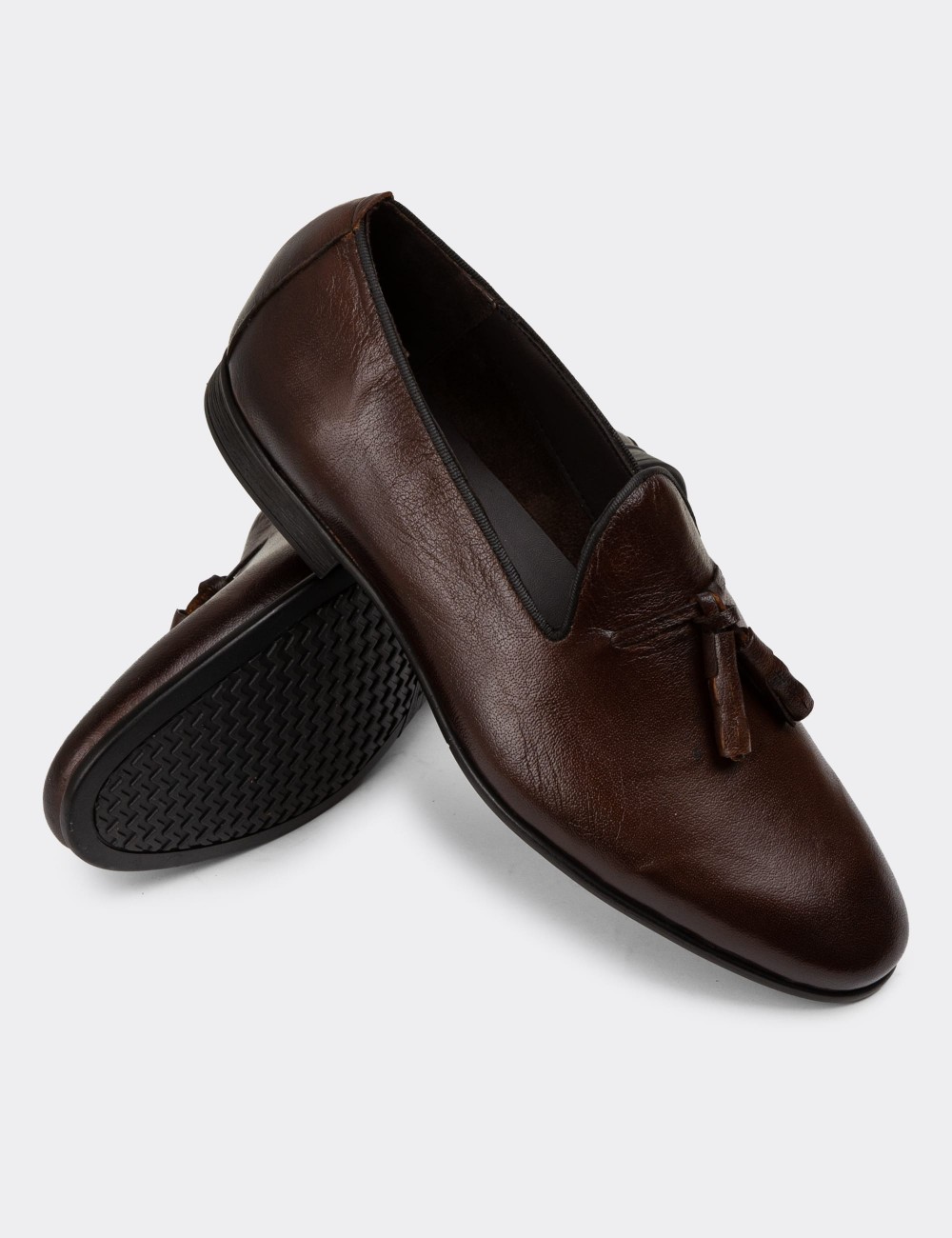Men's Brown Leather Loafers with Tassels - 01702MKHVC22