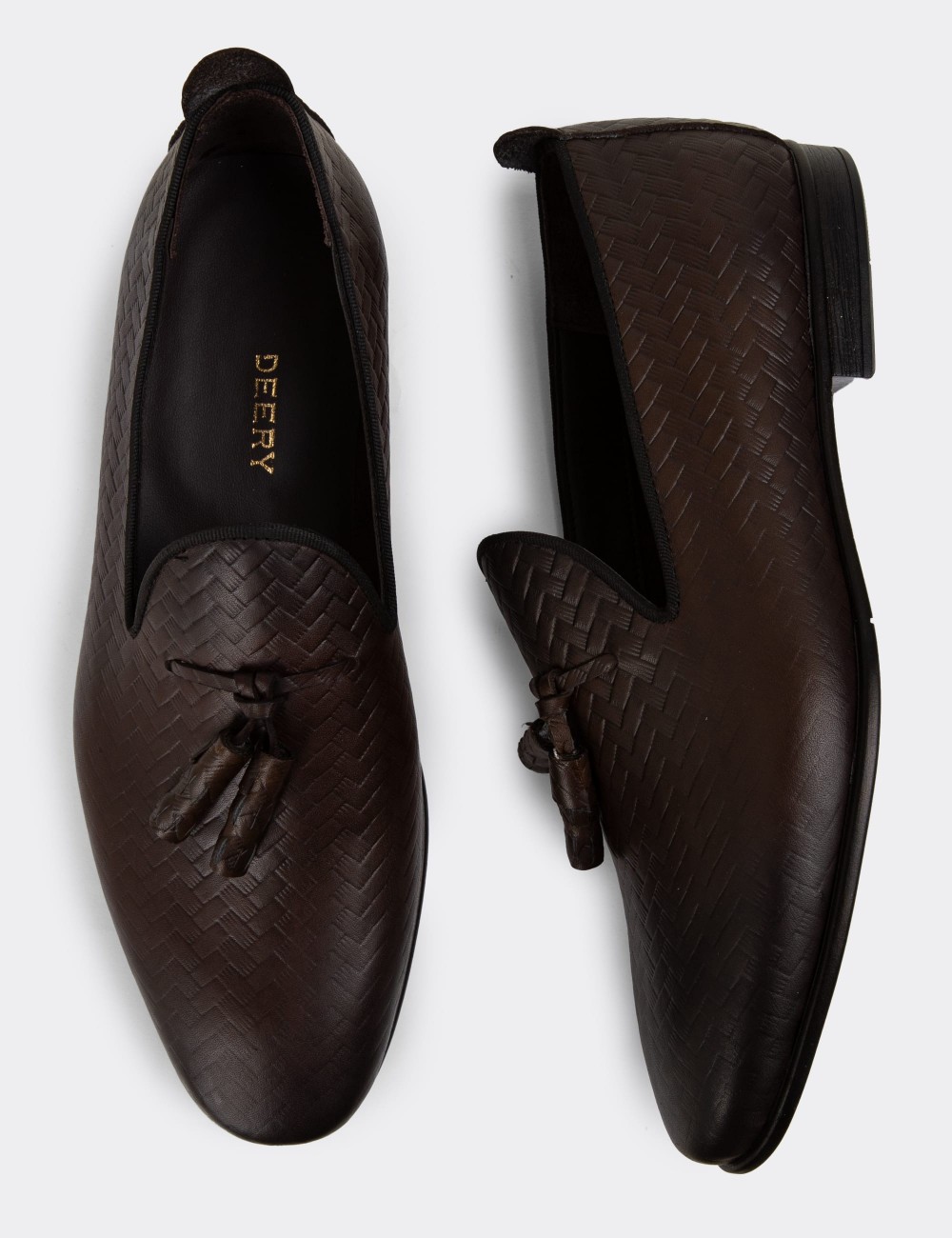 Men's Brown Leather Loafers with Tassels - 01702MKHVC26
