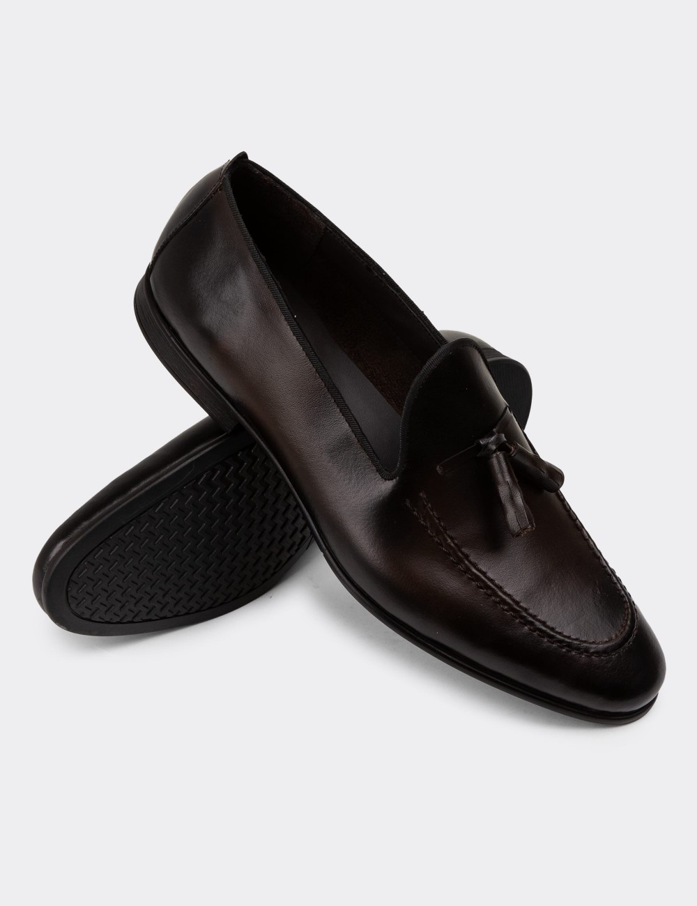 Men's Brown Leather Loafers with Tassels - 01701MKHVC90