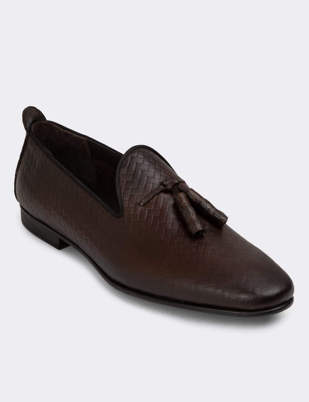 Men's Brown Leather Loafers with Tassels - 01702MKHVC26