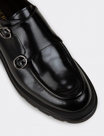 Men's Black Leather Double Monk Strap Shoes