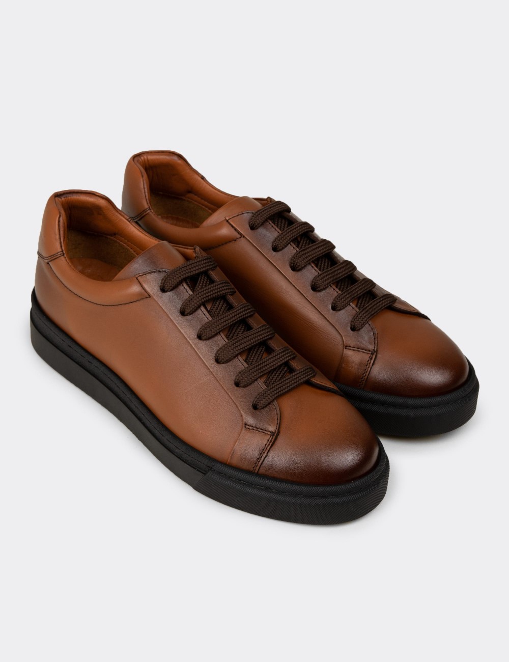 Men's Tan Leather Sneakers - 02018MTBAC01