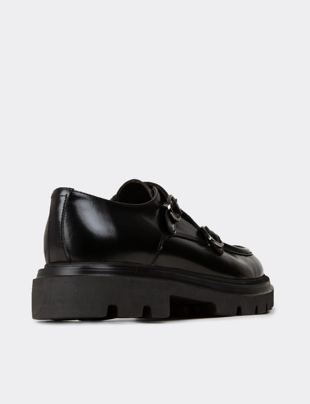 Men's Black Leather Double Monk Strap Shoes - 02008MSYHE03