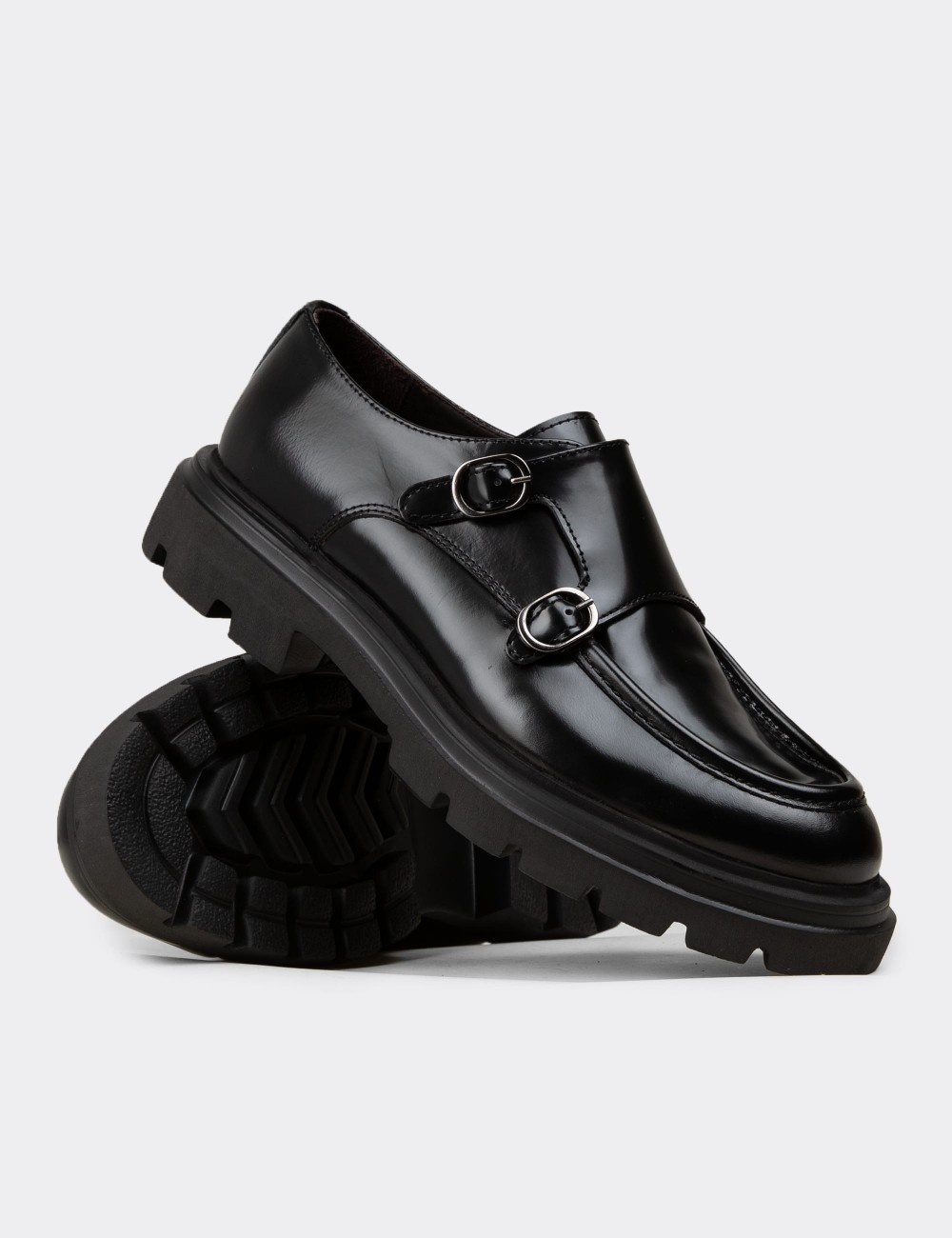Men's Black Leather Double Monk Strap Shoes - 02008MSYHE03