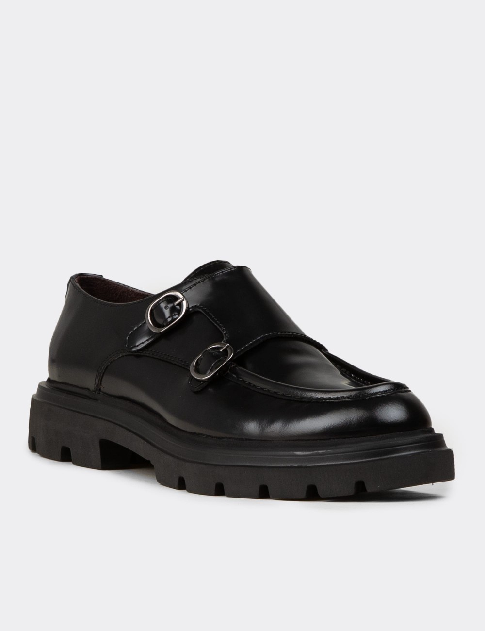 Men's Black Leather Double Monk Strap Shoes - 02008MSYHE03