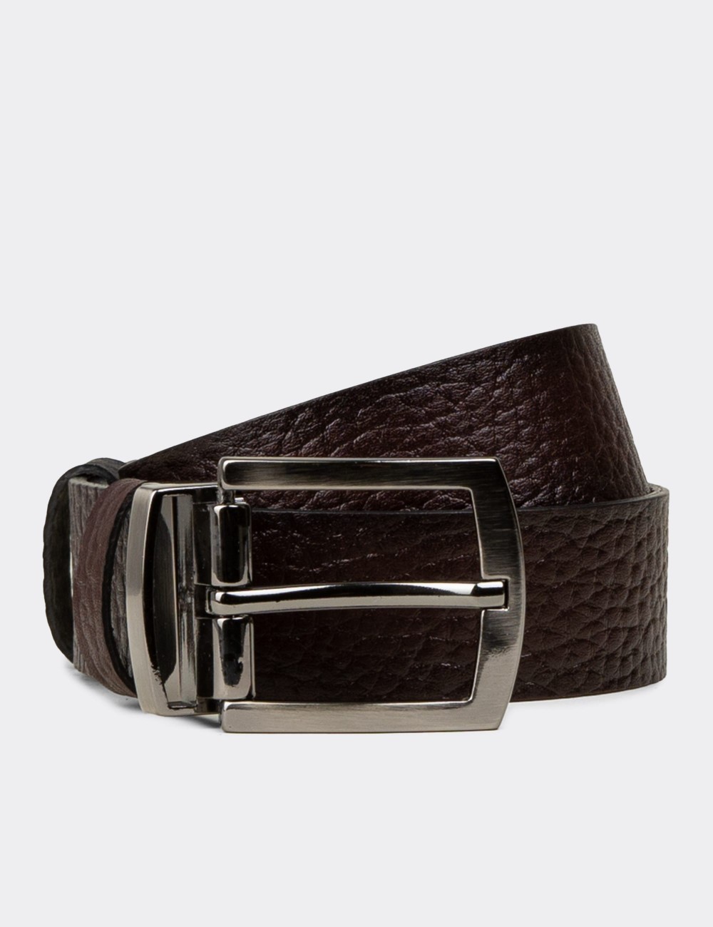Leather Burgundy and Black Double Sided Men's Belt - TB006MBRDW01