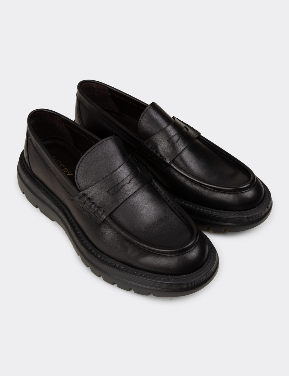 Men's Black Leather Loafers - 02006MSYHE01