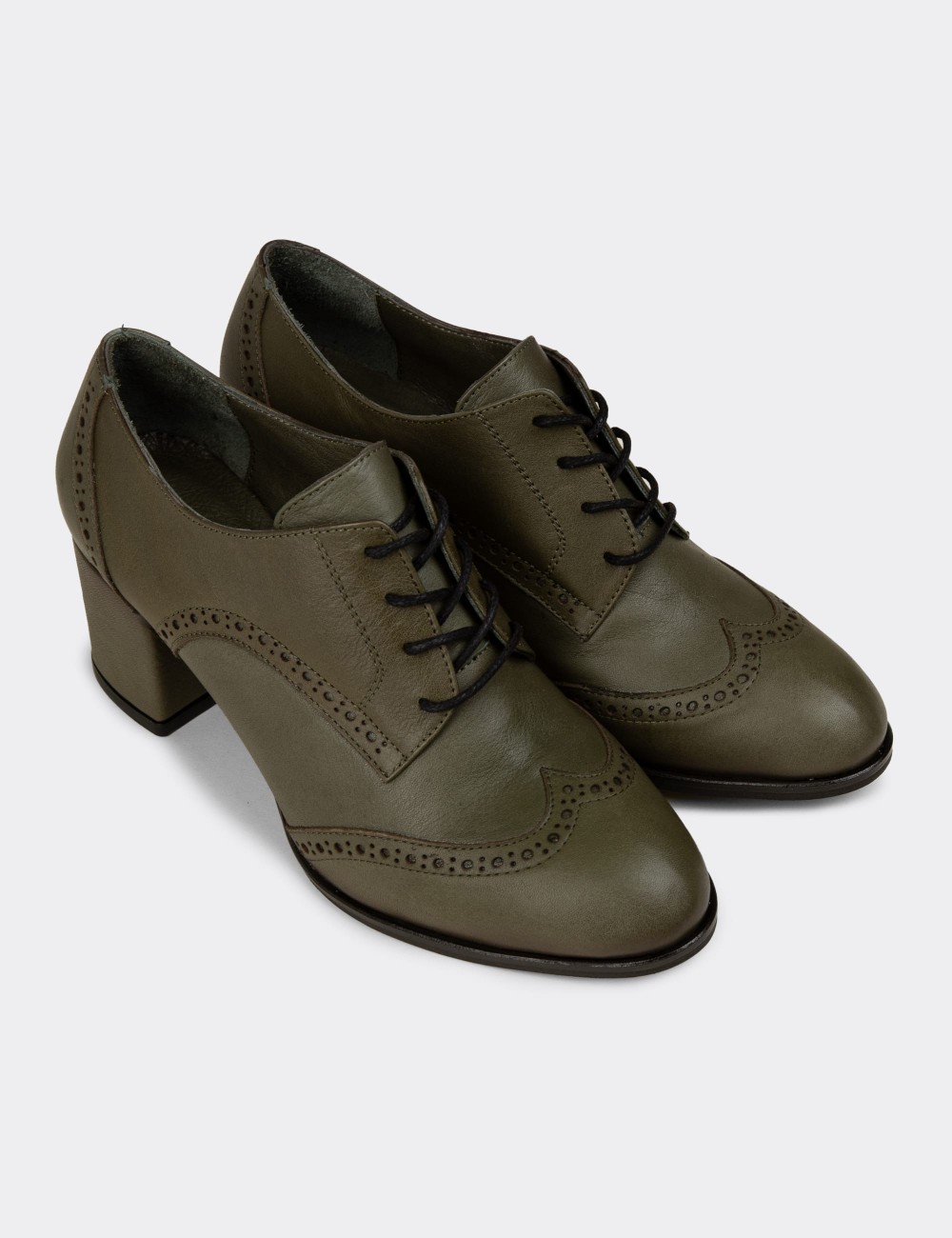 Women's Green Leather Laced Shoes - A3441ZYSLM01