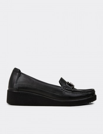 Women's Black Leather Slip-On Shoes