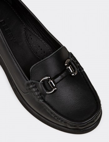 Women's Black Leather Slip-On Shoes
