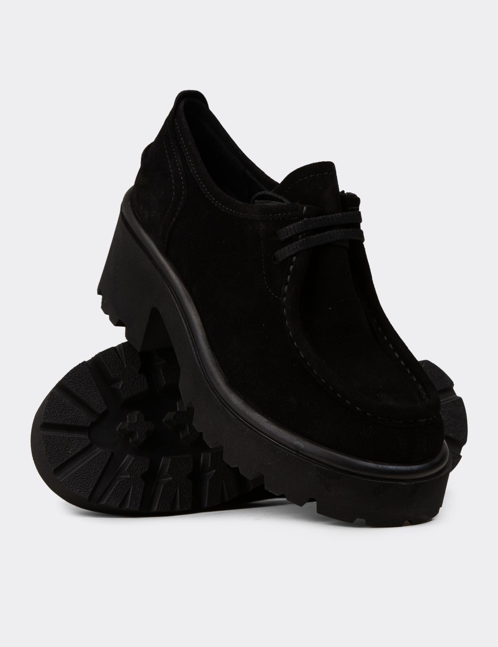 Women's Black Suede Lace-up Shoes - 42411ZSYHC01