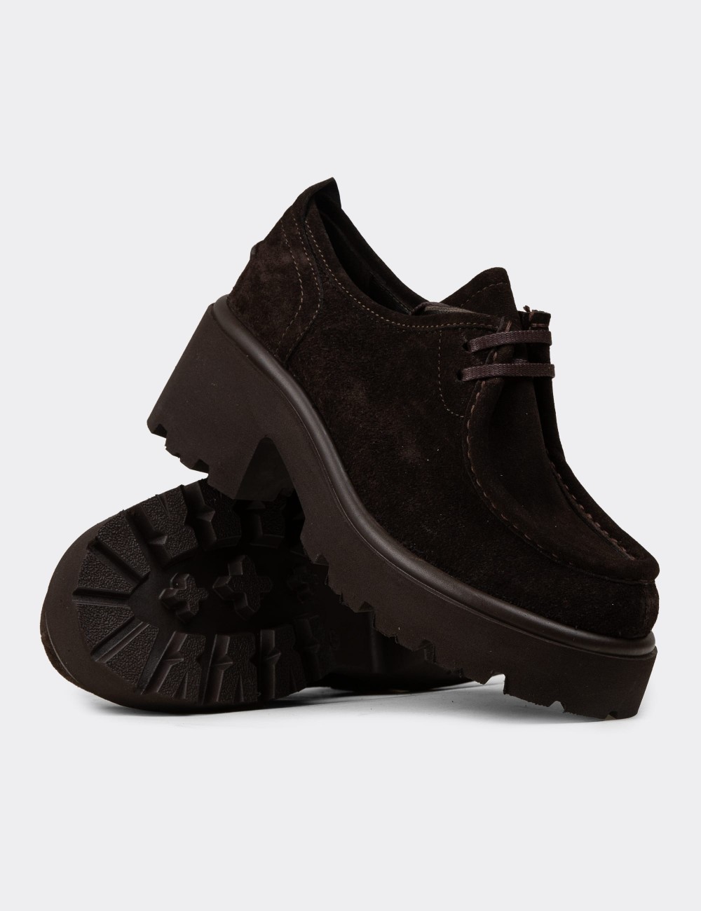 Women's Brown Suede Leather Lace-up Shoes - 42411ZKHVC01