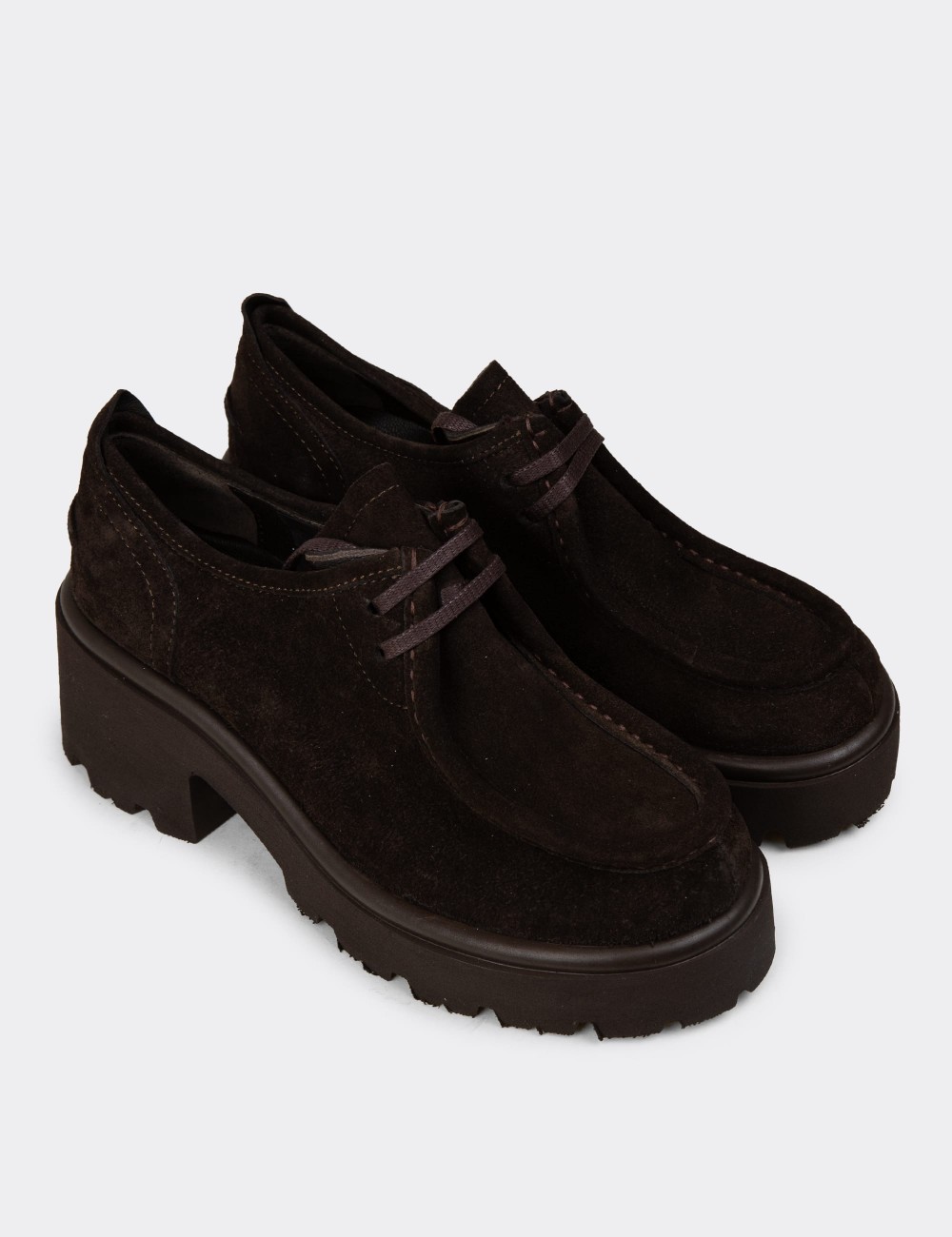 Women's Brown Suede Leather Lace-up Shoes - 42411ZKHVC01