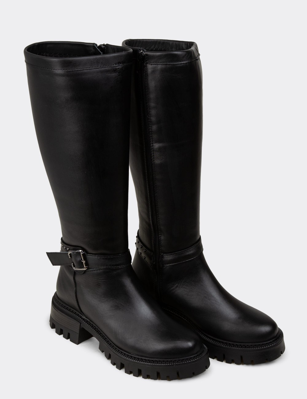 Women's Knee-High Black Leather Boots - M1536ZSYHC01