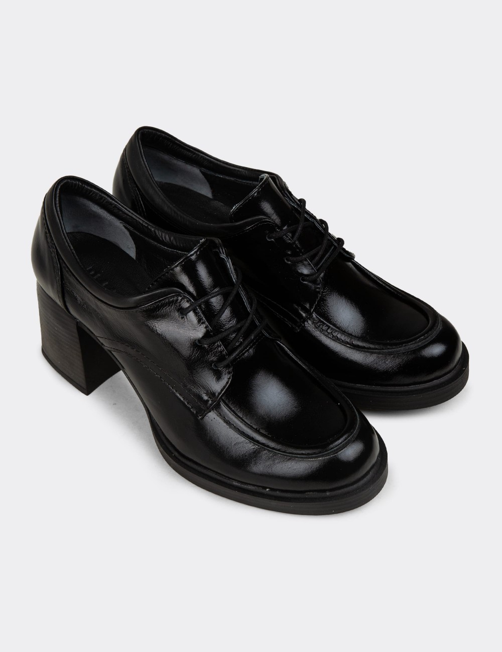 Women's Black Patent Leather Lace-up Shoes - M3175ZSYHC01