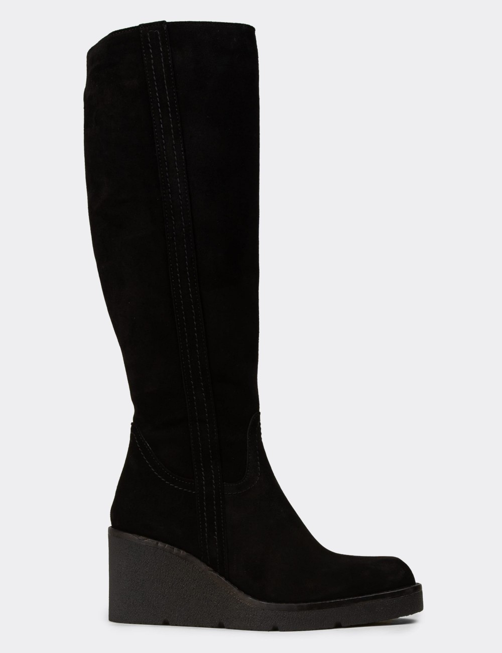Women's Black Suede Leather Knee-High Boots - 61206ZSYHC01