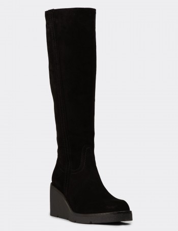 Women's Black Suede Leather Knee-High Boots