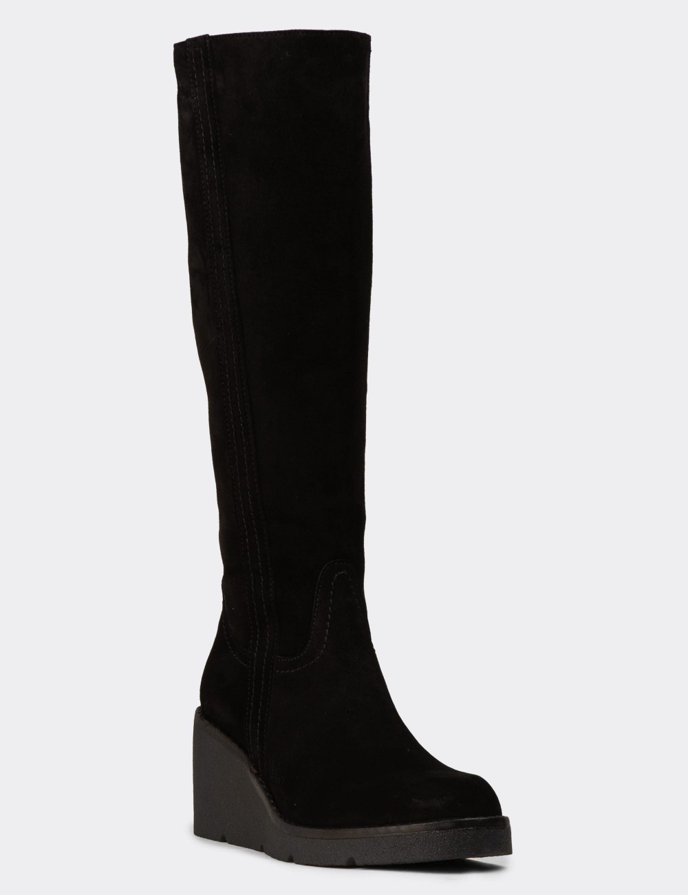 Women's Black Suede Leather Knee-High Boots - 61206ZSYHC01