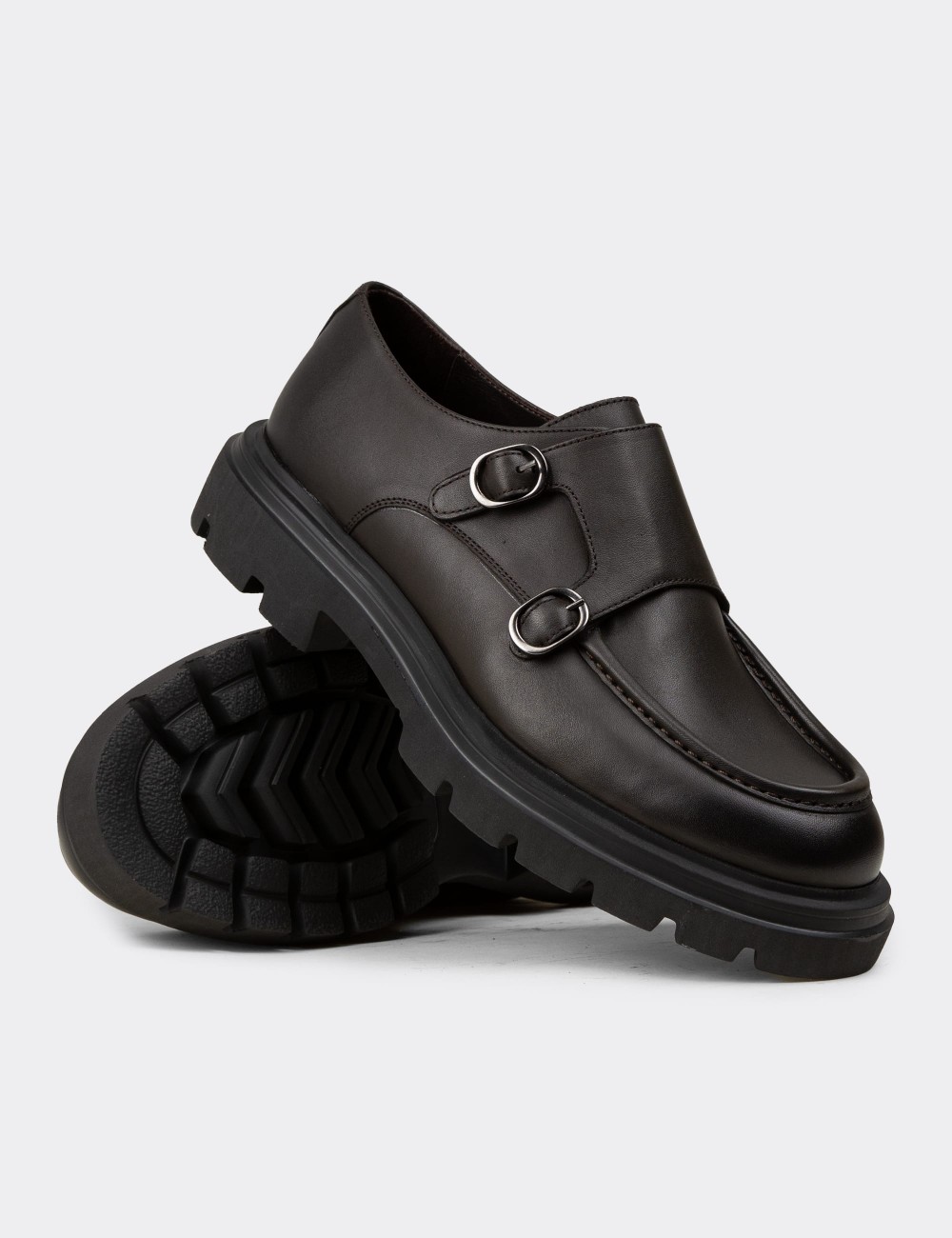 Men's Green Leather Double Monk Strap Shoes - 02008MHAKE01