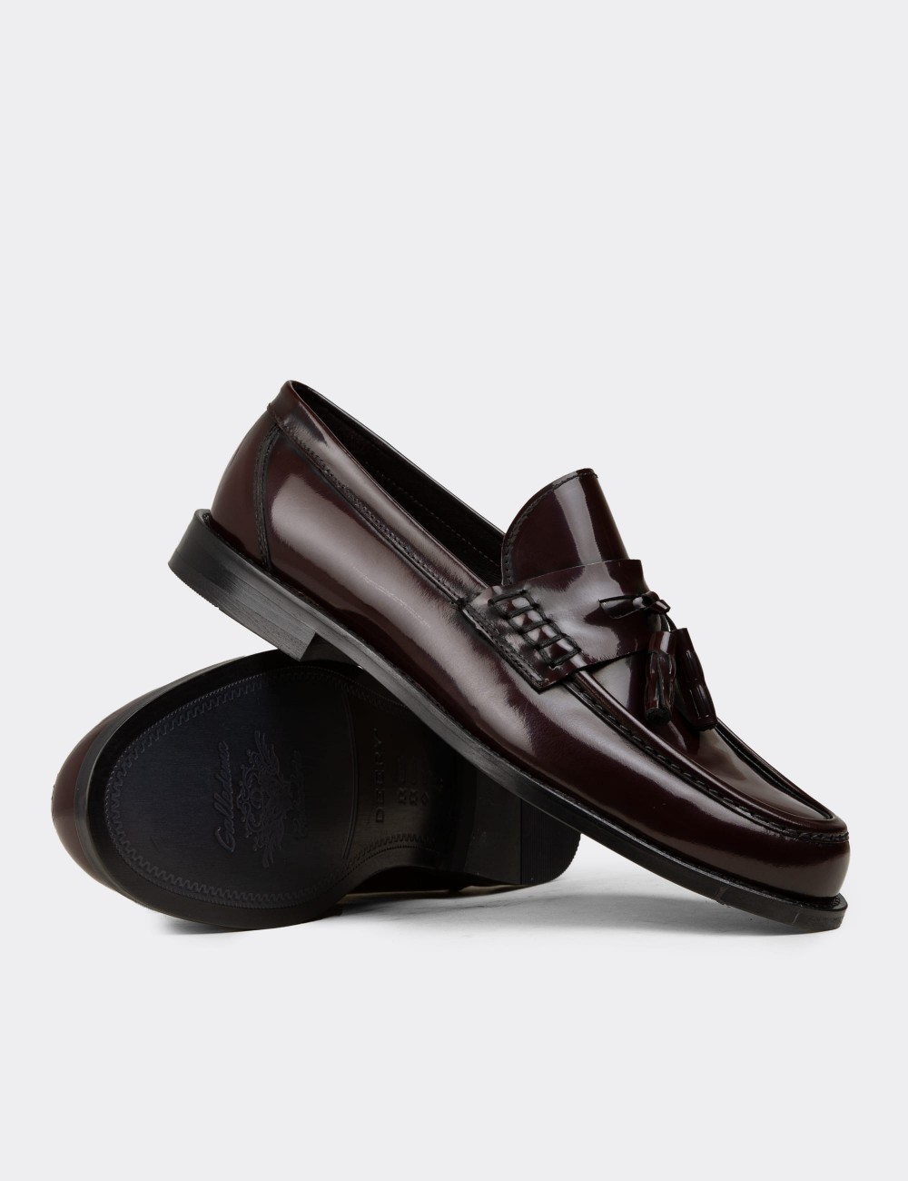 Men's Burgundy Leather Moccasins with Tassel - 02001MBRDM01