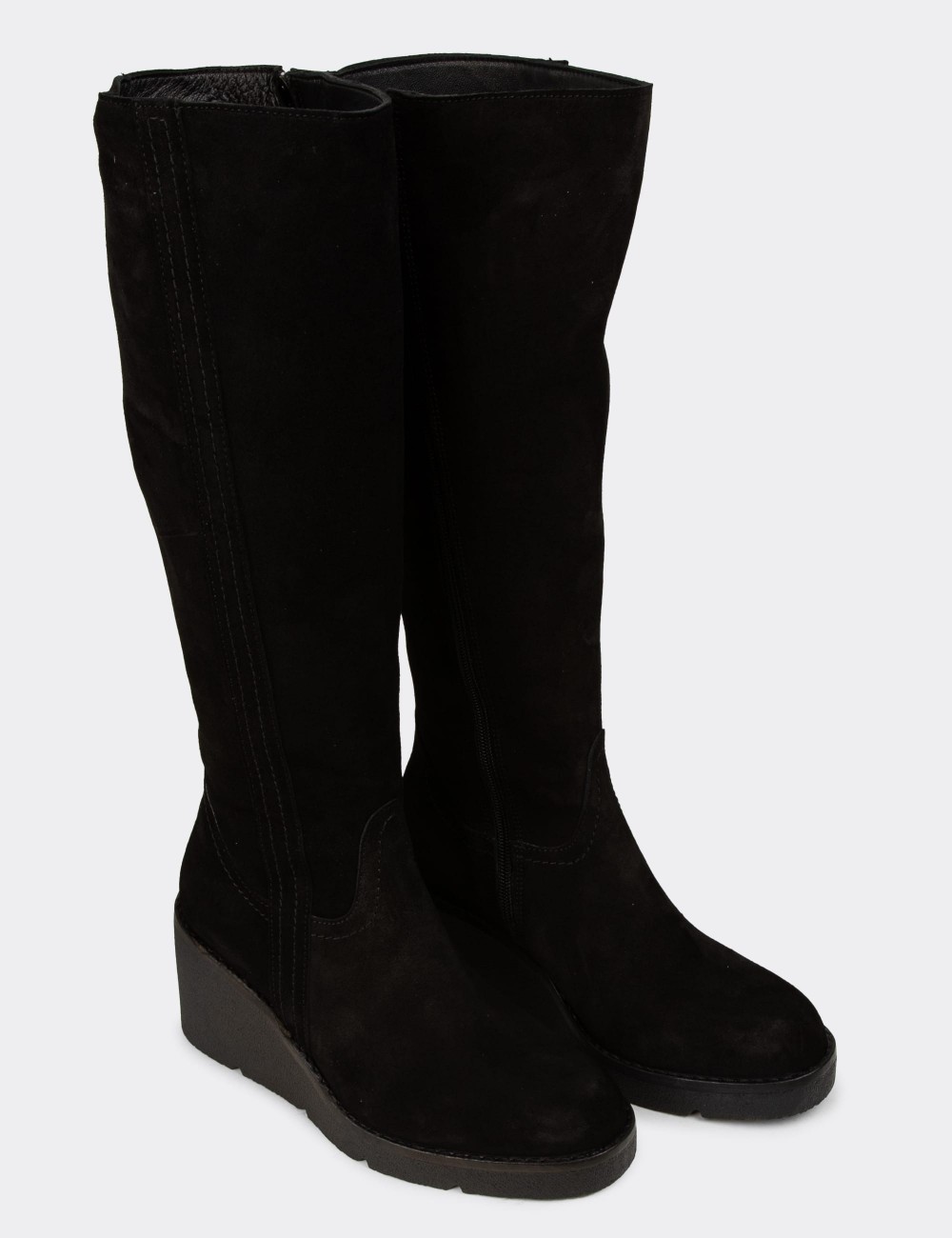 Women's Black Suede Leather Knee-High Boots - 61206ZSYHC01