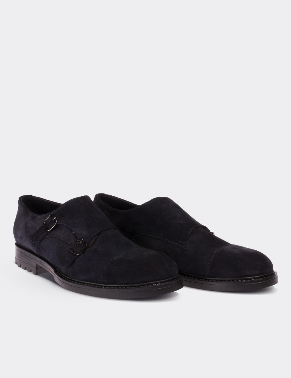 Navy Suede Leather Monk Straps Shoes - 01625MLCVC01