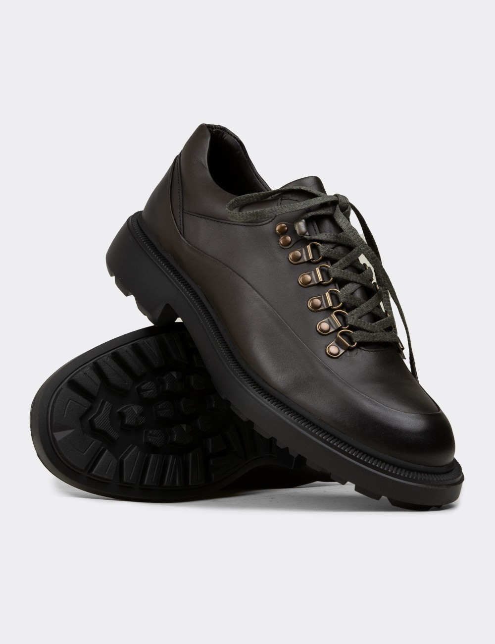 Men's Khaki Leather Lace-Up Footwear - 02009MHAKE01