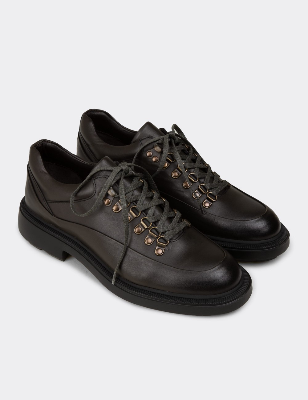 Men's Khaki Leather Lace-Up Footwear - 02009MHAKE01