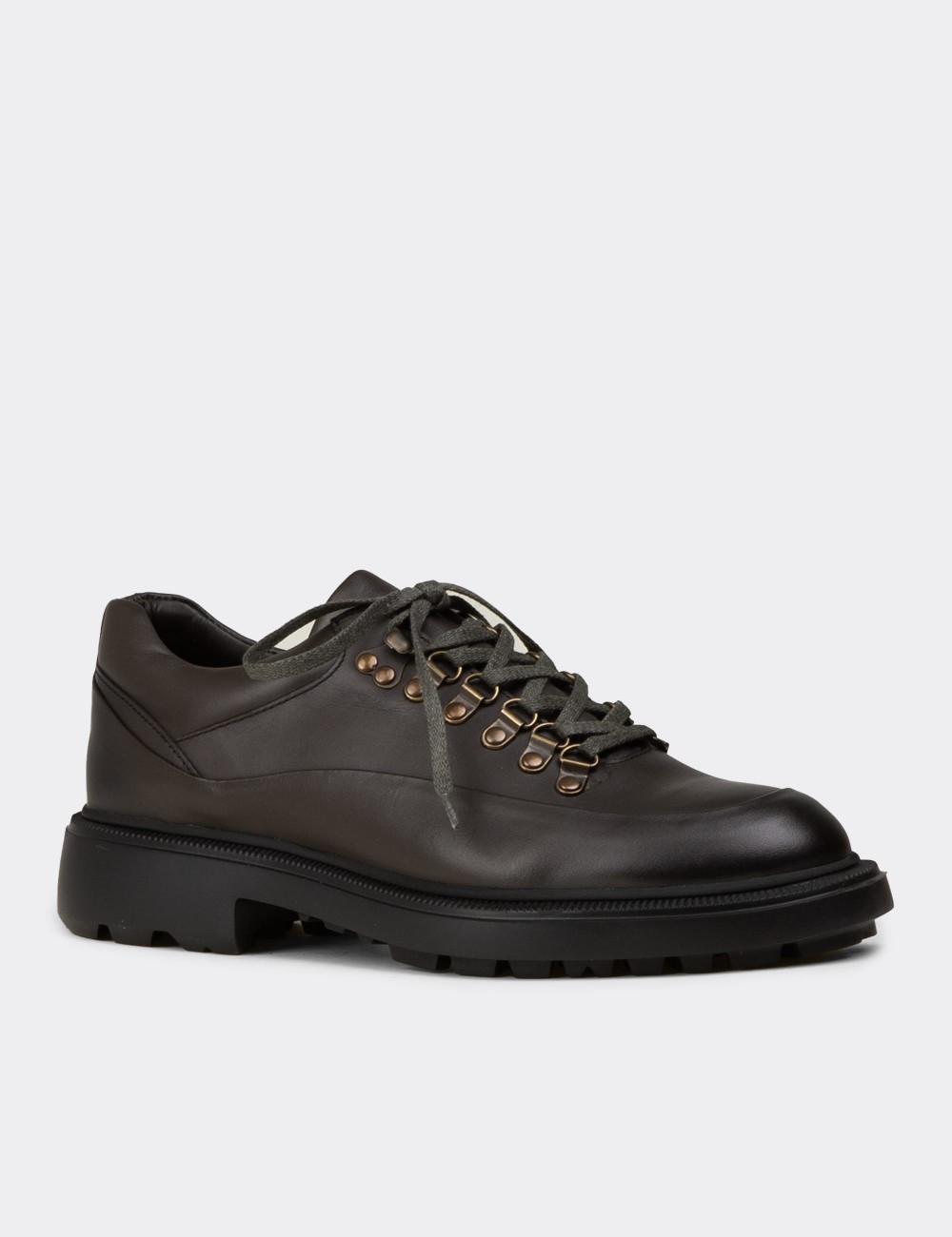 Men's Khaki Leather Lace-Up Footwear - 02009MHAKE01