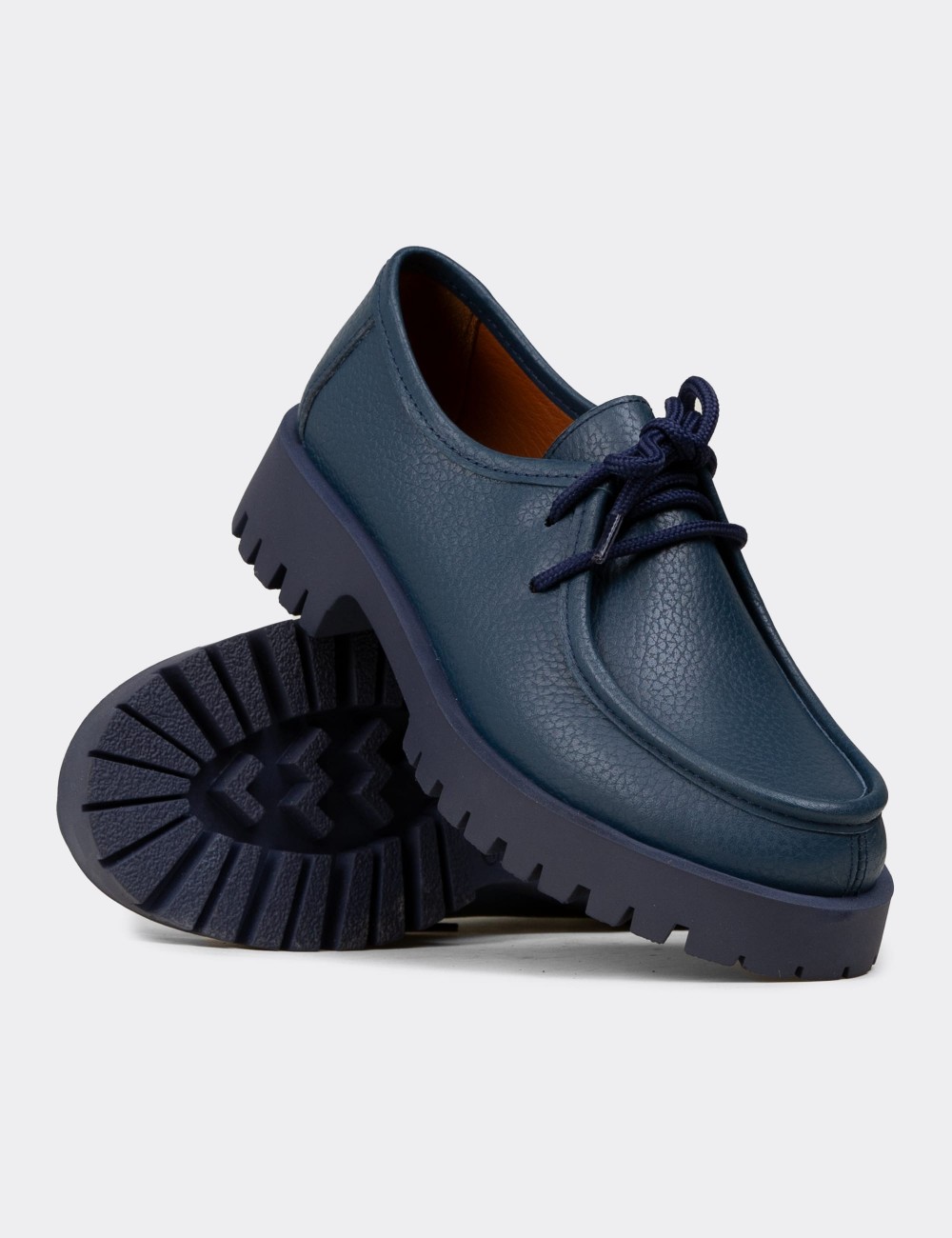 Women's Navy Leather Lace-up Shoes - OS001ZLCVC01