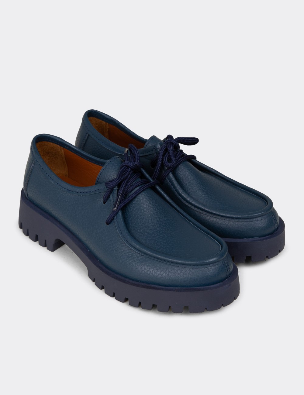 Women's Navy Leather Lace-up Shoes - OS001ZLCVC01