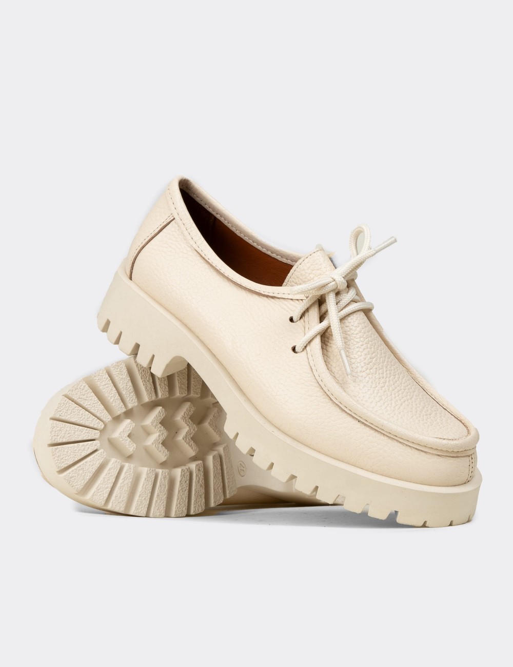 Women's Beige Leather Lace-up Shoes - OS001ZBEJC01