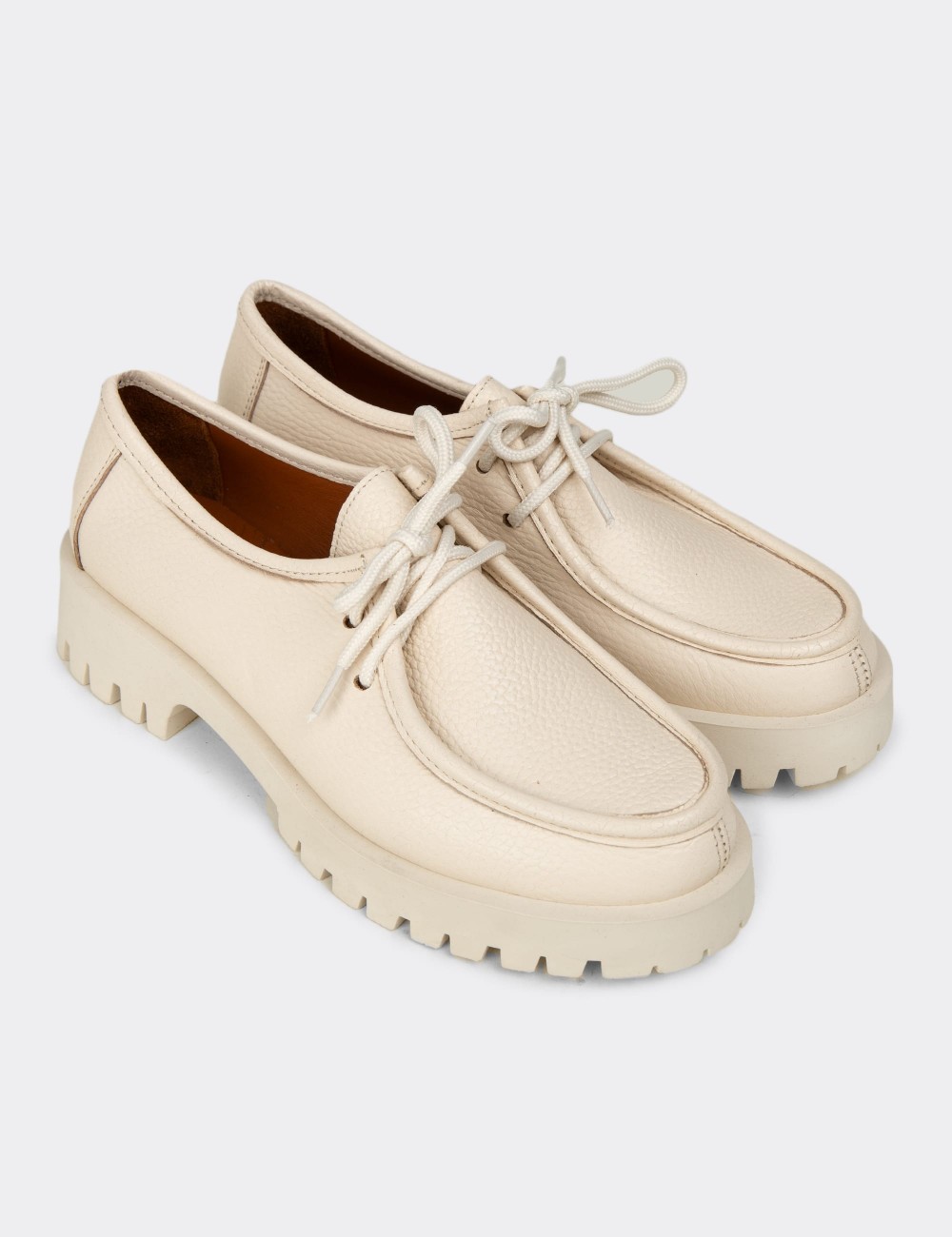 Women's Beige Leather Lace-up Shoes - OS001ZBEJC01