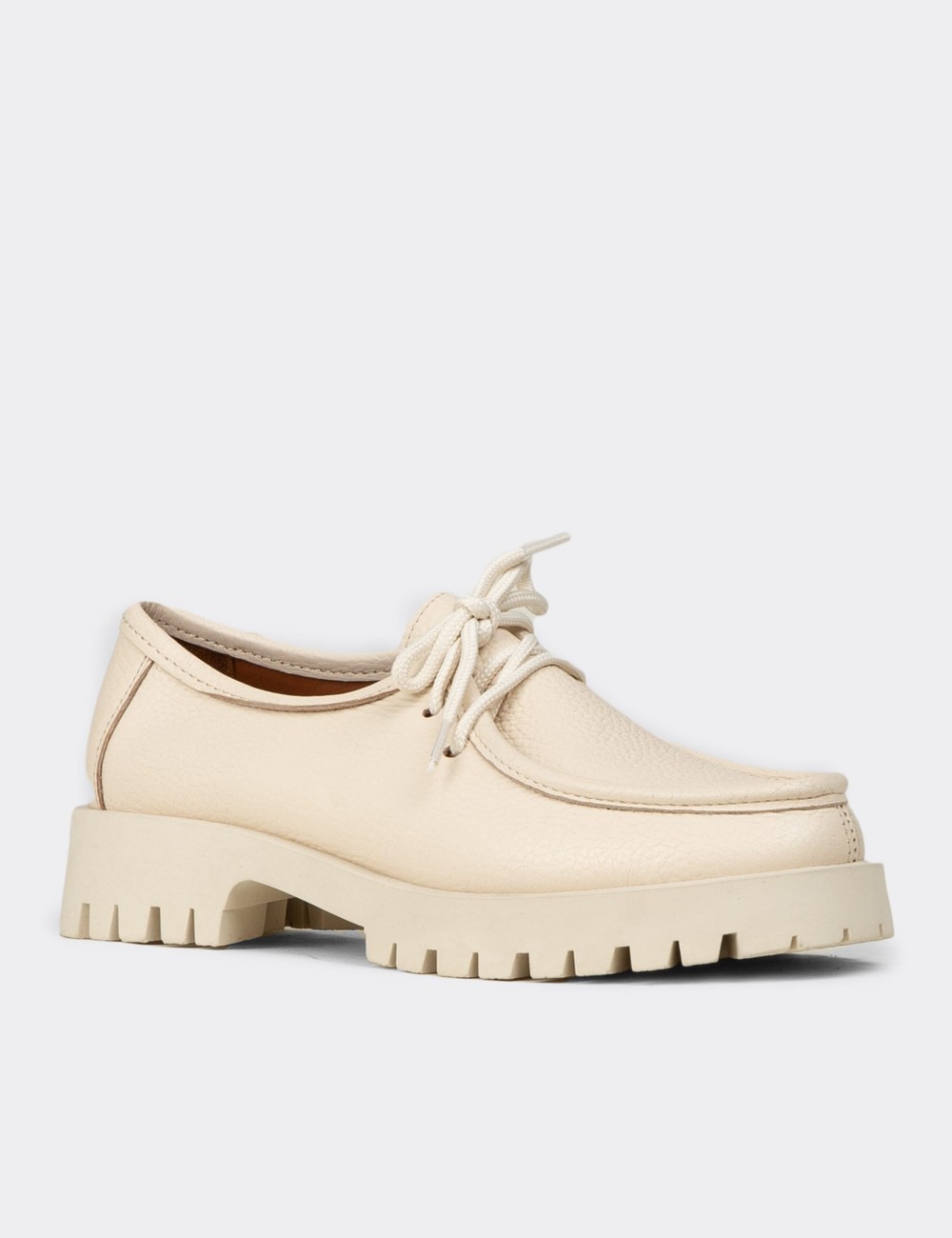 Women's Beige Leather Lace-up Shoes - OS001ZBEJC01