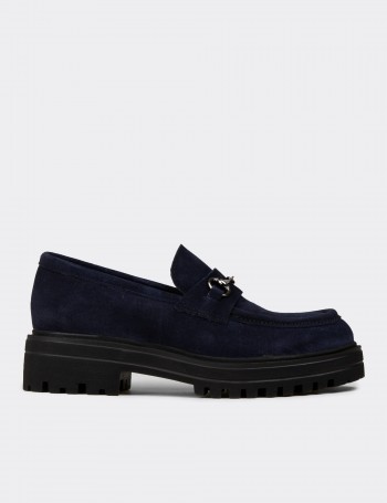 Women's Navy Suede Leather Moccasins
