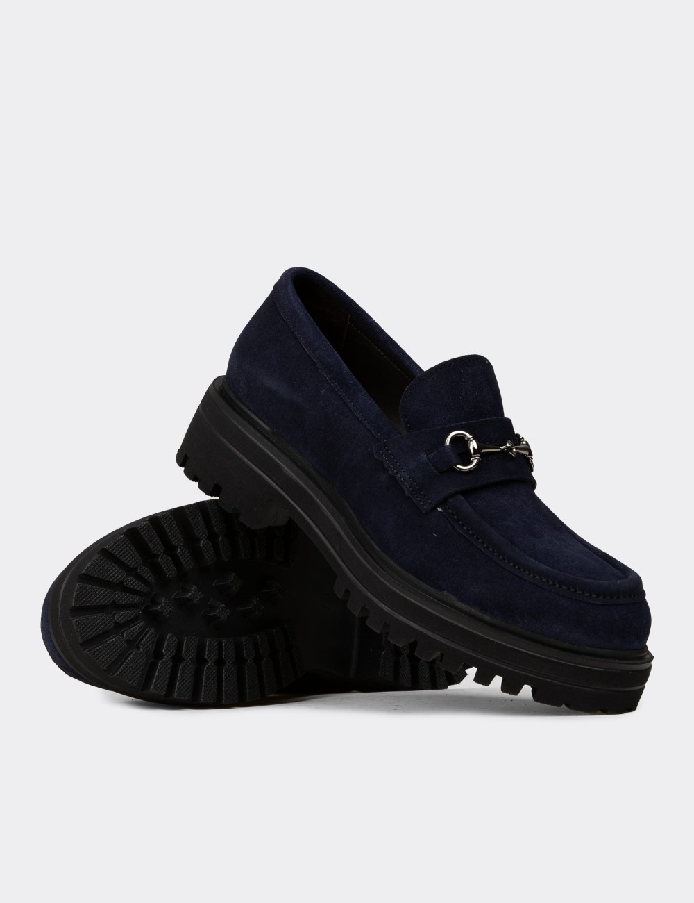 Women's Navy Suede Leather Moccasins - 02024ZLCVE01