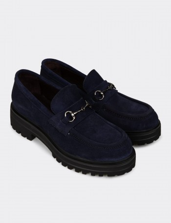Women's Navy Suede Leather Moccasins