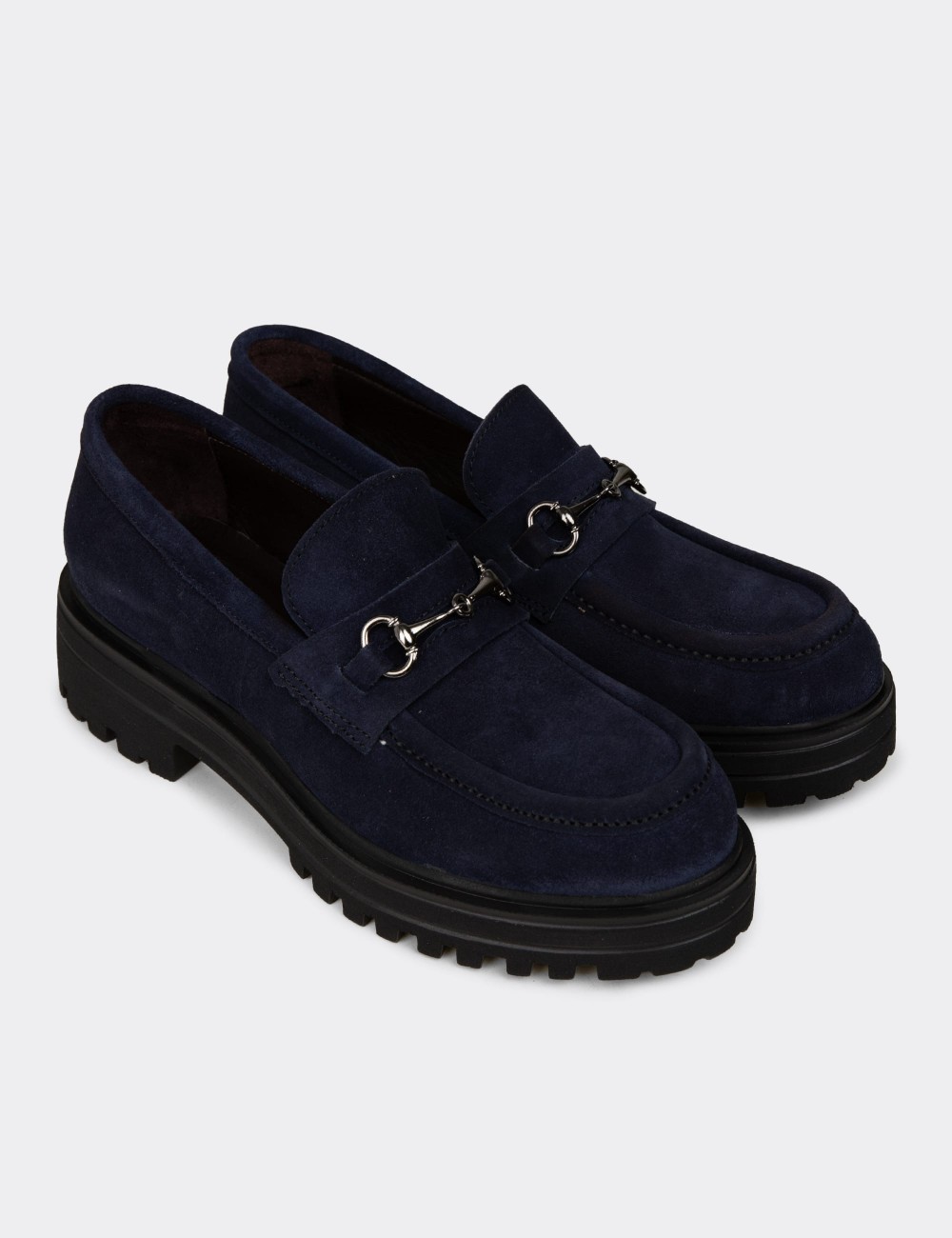 Women's Navy Suede Leather Moccasins - 02024ZLCVE01